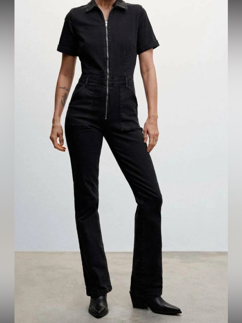 Mango Black Denim Short-Sleeve Zip Front Jumpsuit